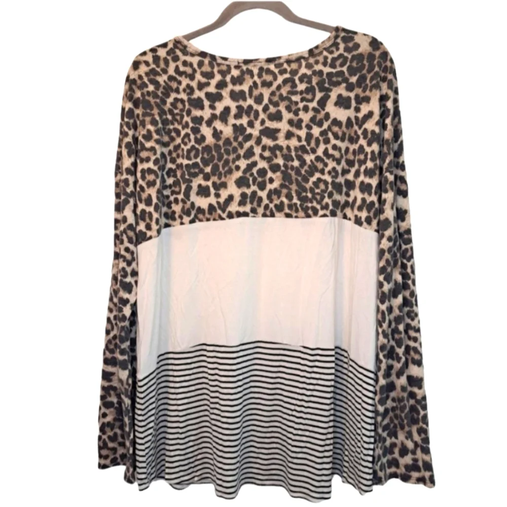 Heimish USA Leopard Colorblock Strappy Neck Long Sleeved Shirt Plus Size 3X